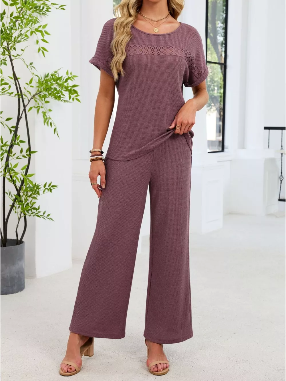Lace Detail Short Sleeve Top and Pants Set, image 23