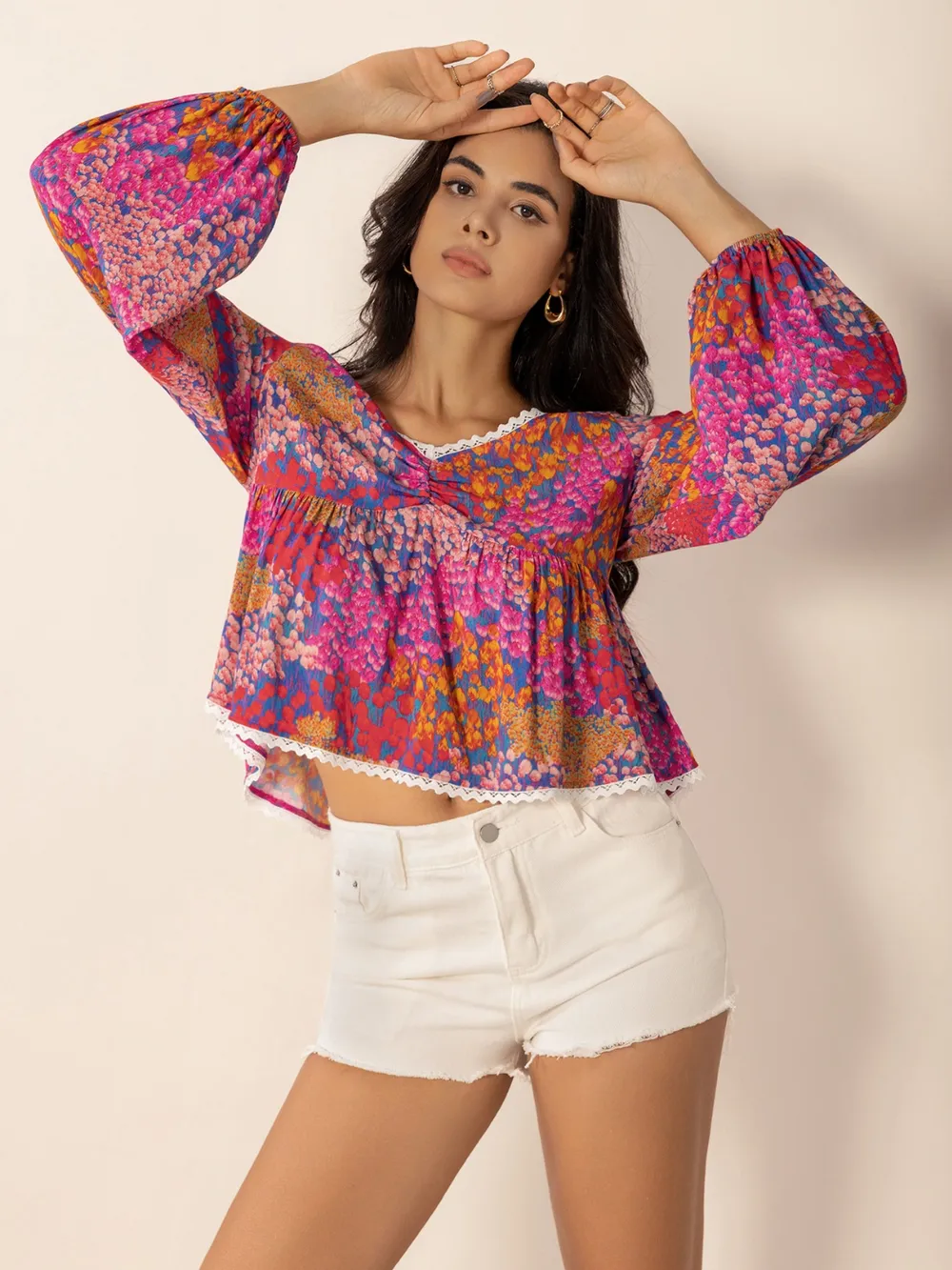 Lace Detail Printed Balloon Sleeve Top, image 7