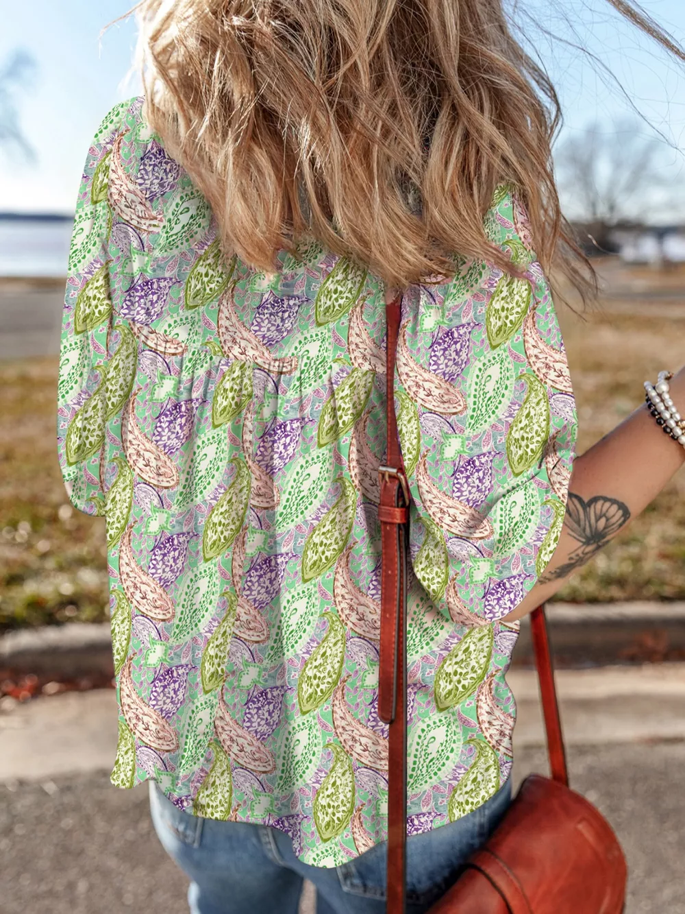 Paisley Print Half Puff Sleeve Blouse, image 7