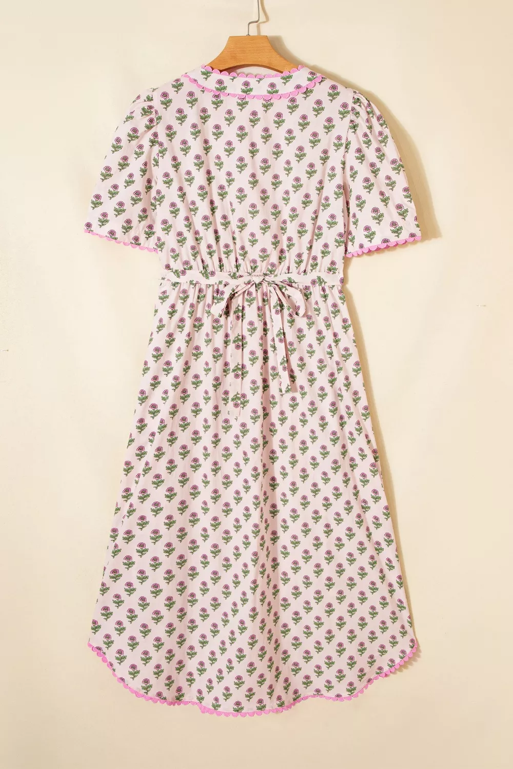 Floral Print V Neck Scallop Trim Button Front Short Sleeve Dress, image 5