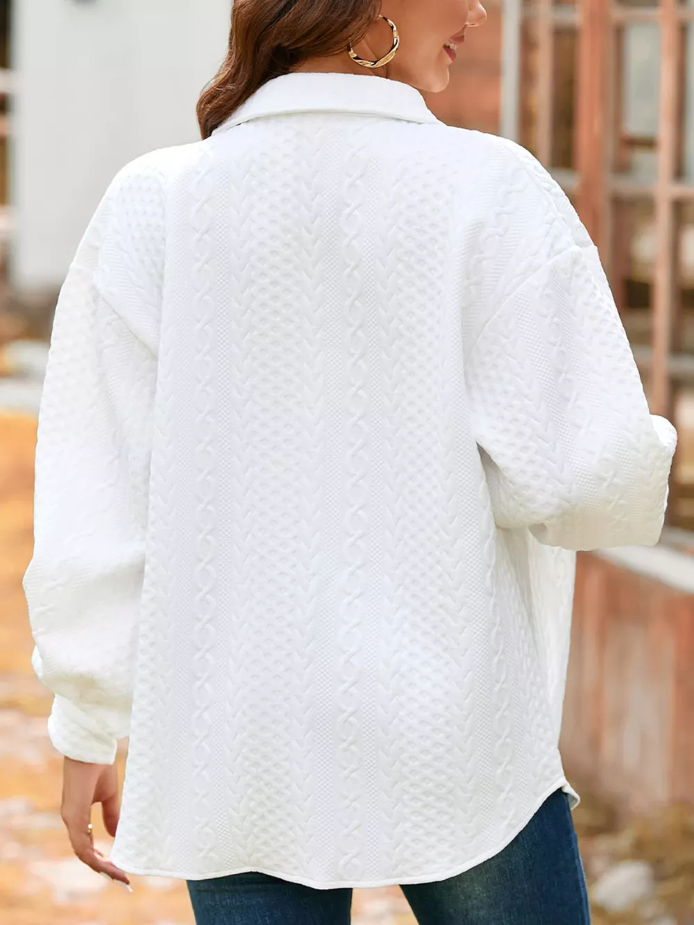 Cable Texture Puff Sleeve Loose Shacket, image 20