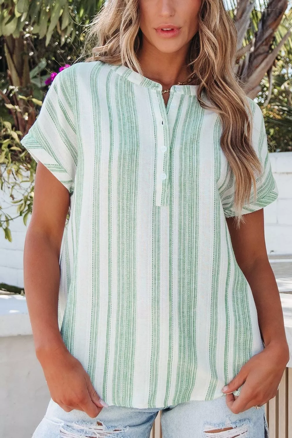 Breathable Gauze Half Button Short Sleeve Casual Blouse, image 11
