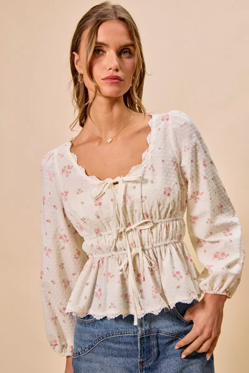 Floral Clip Dot Lace Trim Ruched Bodice Blouse