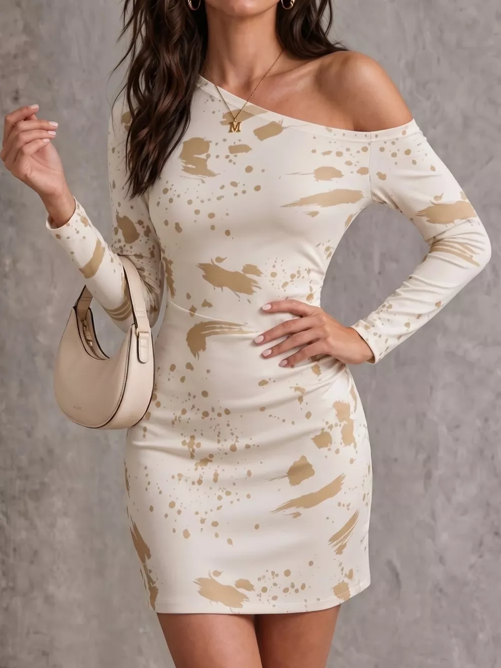 One-Shoulder Long Sleeve Paint Splatter Bodycon Mini Dress, image 2