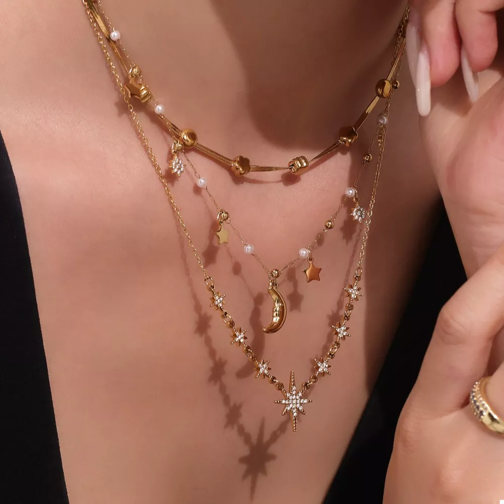 18K Gold-Plated Stainless Steel Zircon Star Moon Necklace, image 2