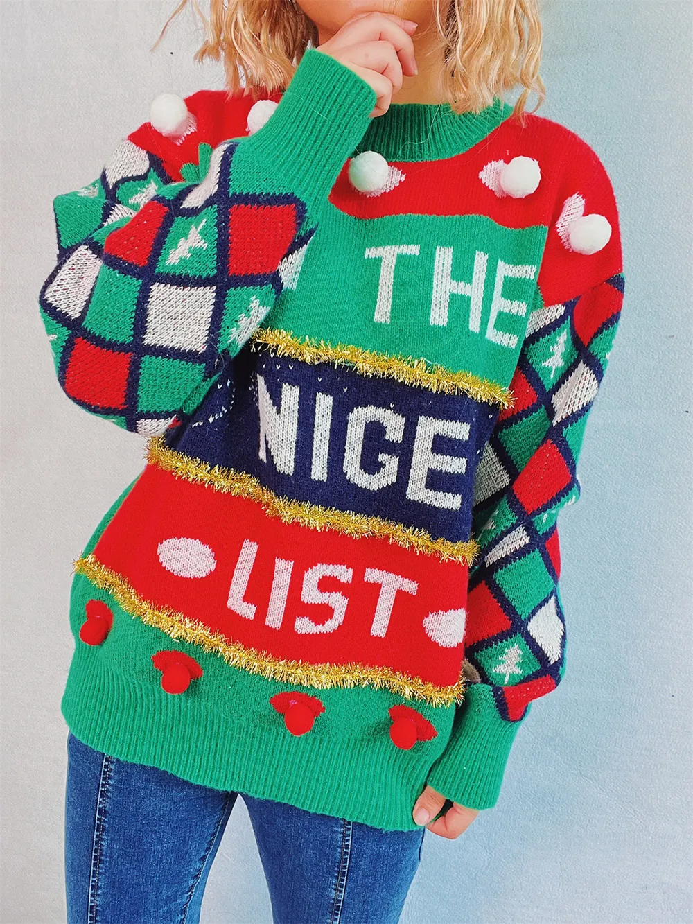 Pom-Pom Contrast Round Neck Long Sleeve Sweater, image 4