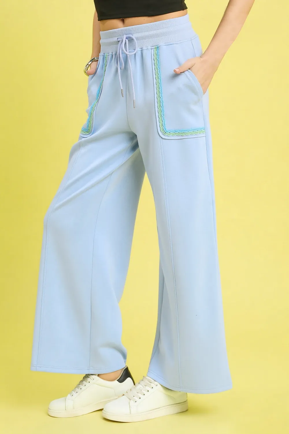Drawstring Wide Leg Pants with Scallop Trim Detail, image 6