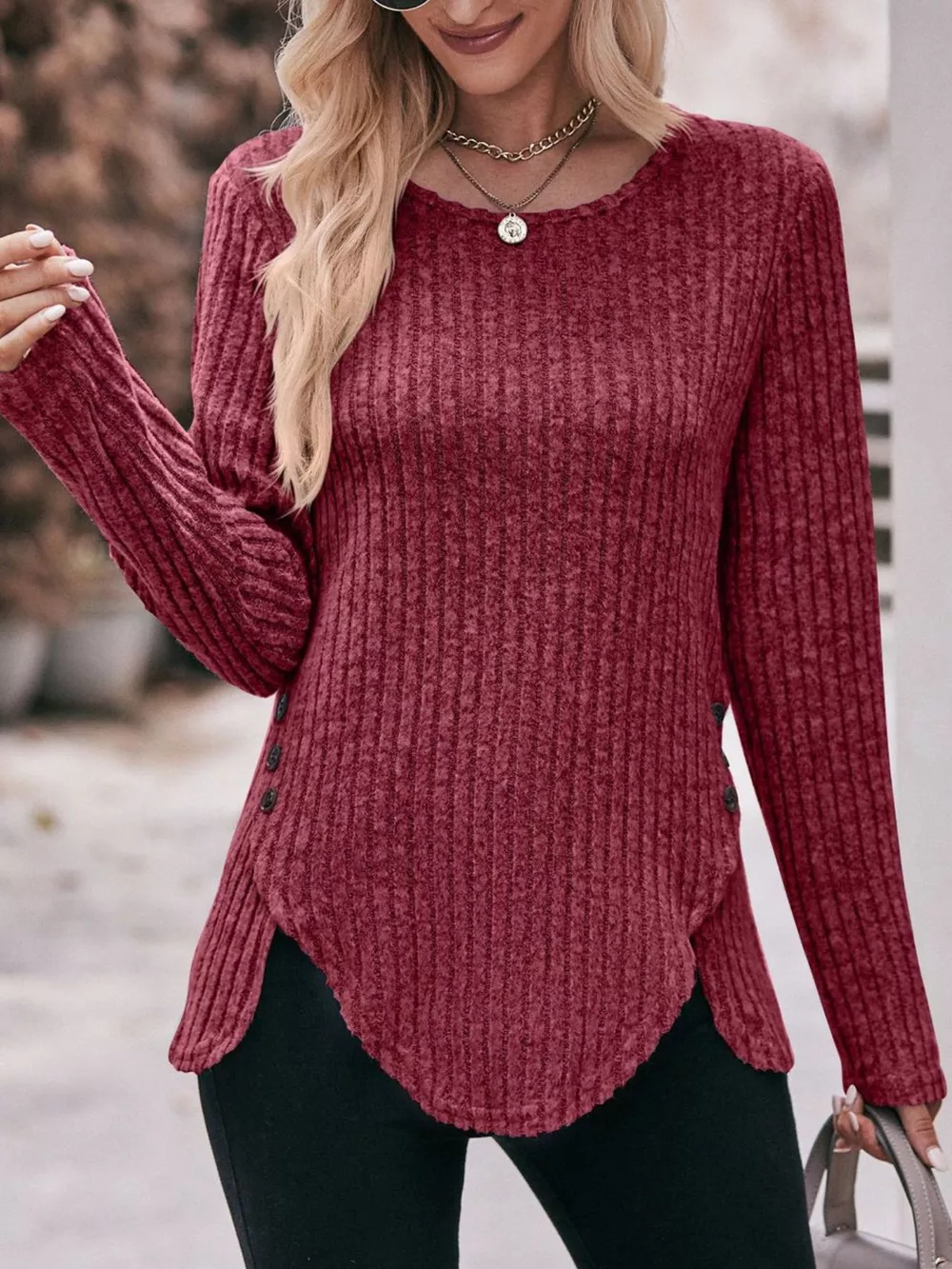 Ribbed Knit Long Sleeve T-Shirt, image 20