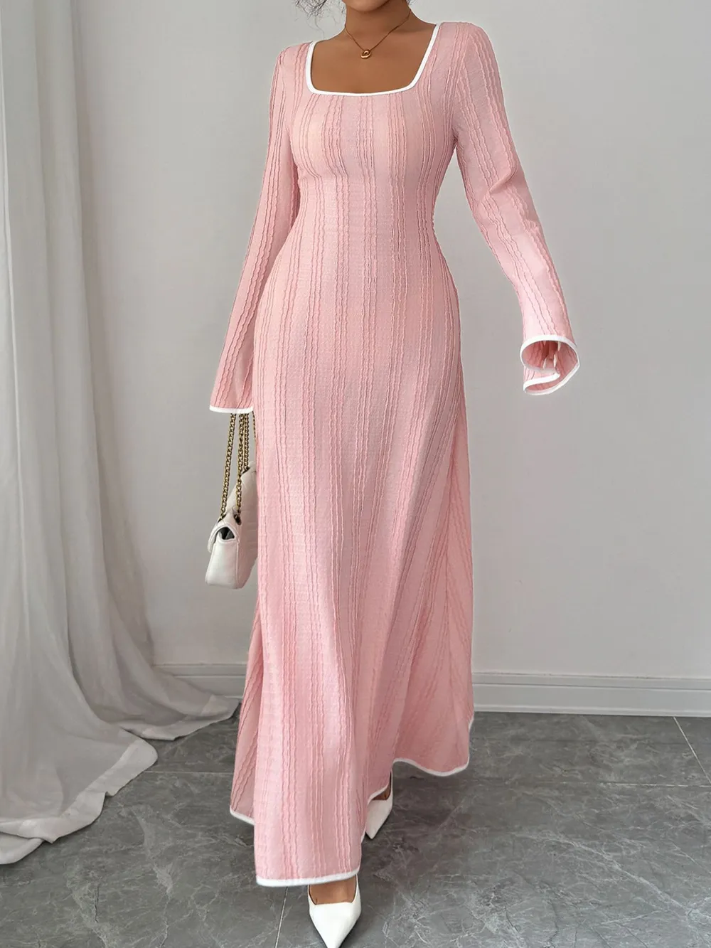 Textured Square Neck Long Sleeve Maxi Dress, image 4
