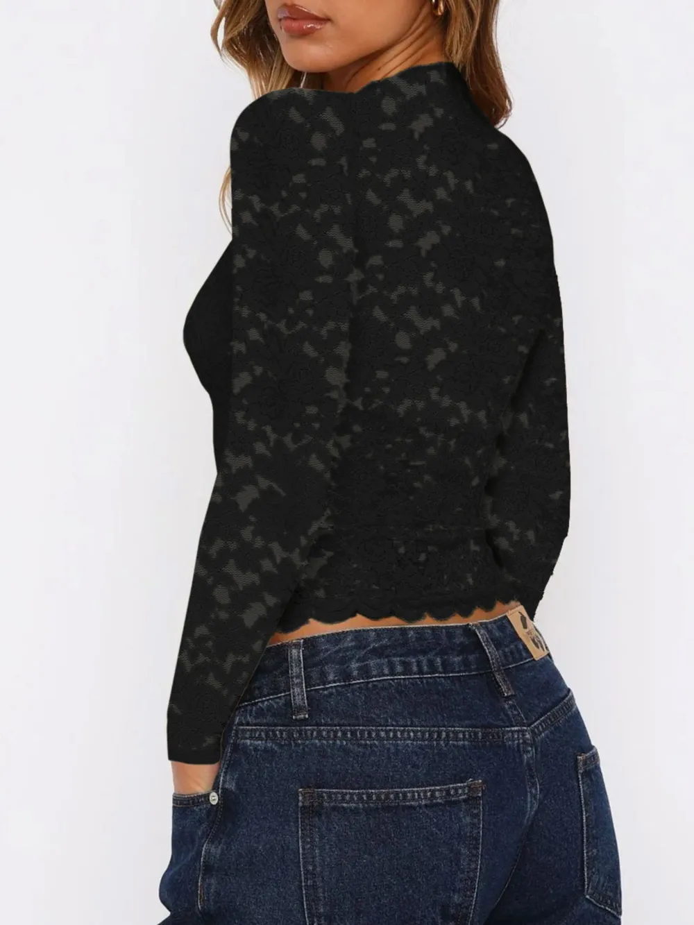 Floral Lace Long Sleeve Deep V-Neck Blouse with Scalloped Hem, image 6