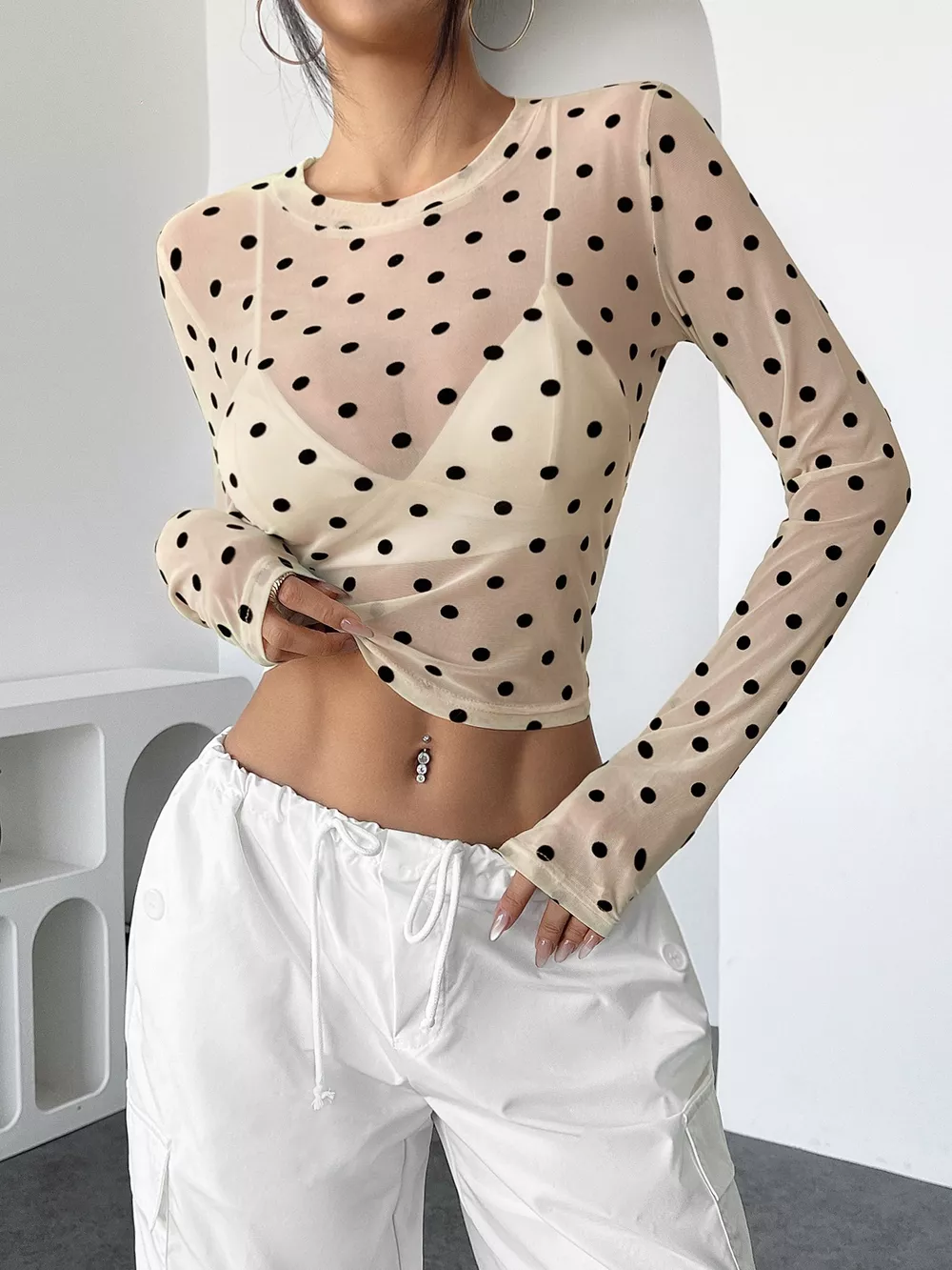 Polka Dot Mesh Long Sleeve Top, image 3