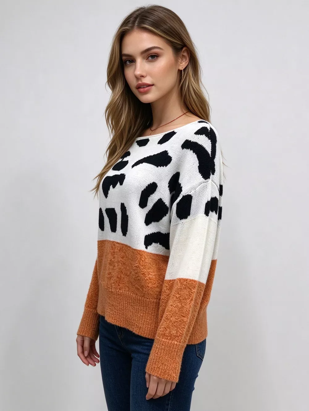 Full Size Off-Shoulder Colorblock Animal Print Sweater Plus Size, image 5
