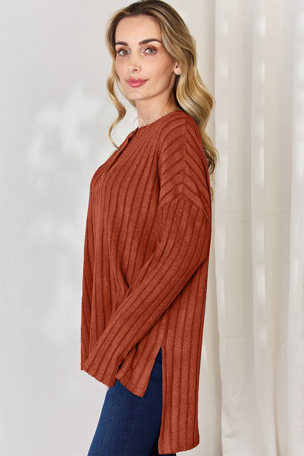 Full Size Ribbed Half Button Long Sleeve High-Low T-Shirt, image 33