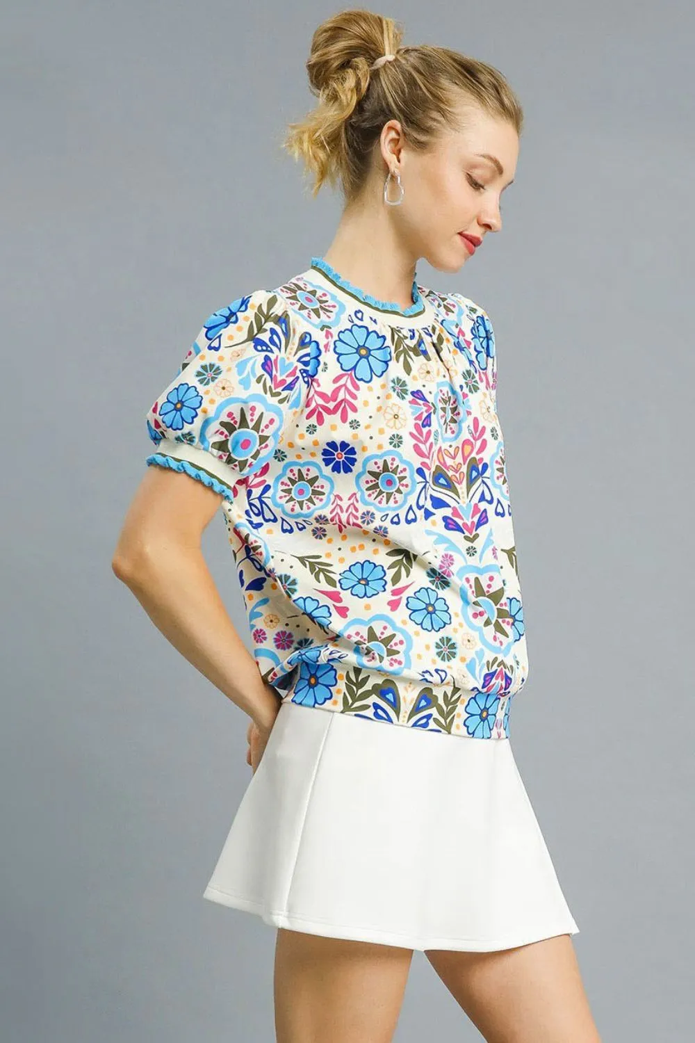Retro Floral Puff Sleeve Top, image 2