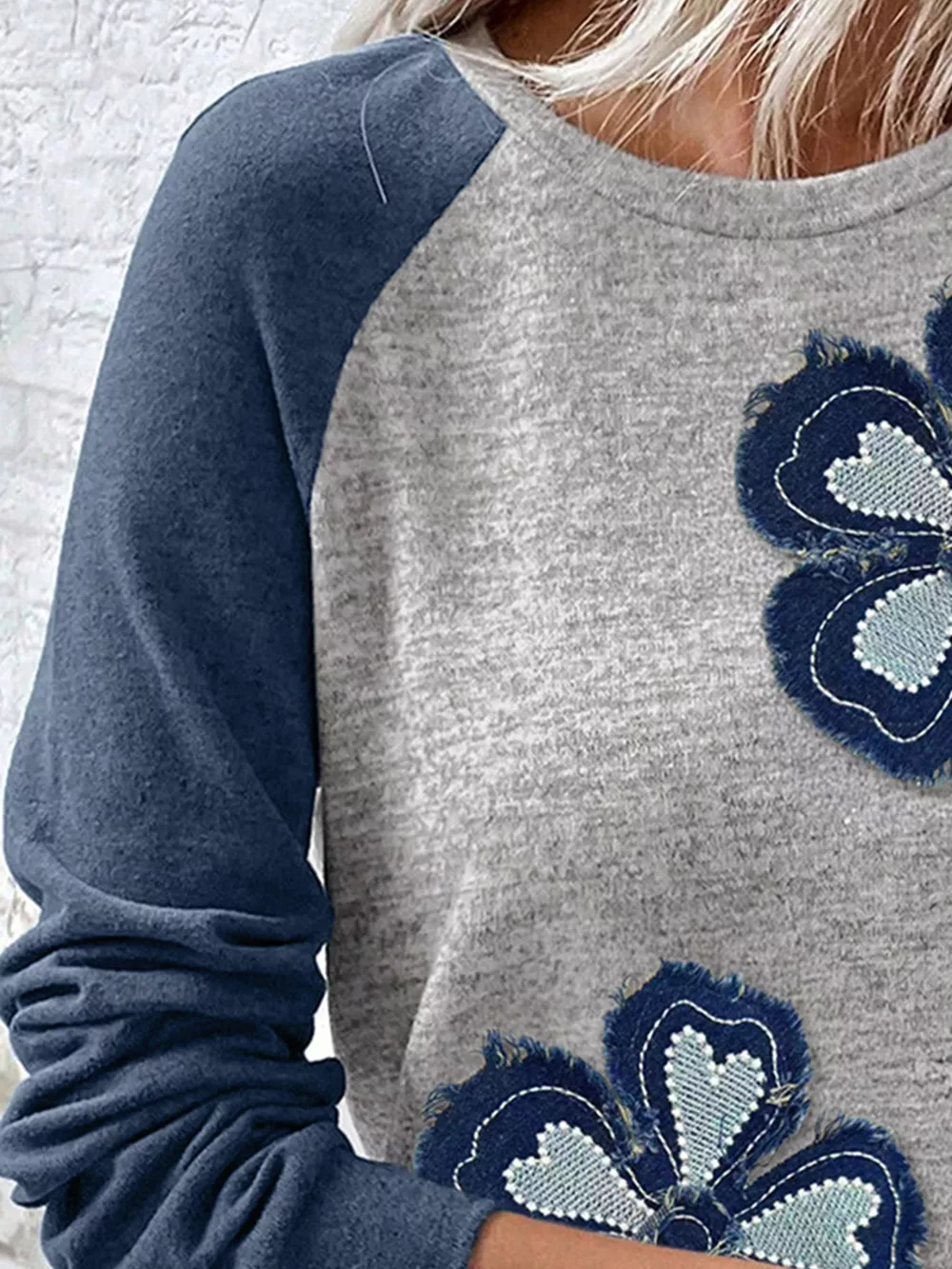 Color Block Flower Embroidered Patch Graphic Raglan Long Sleeve Top, image 2