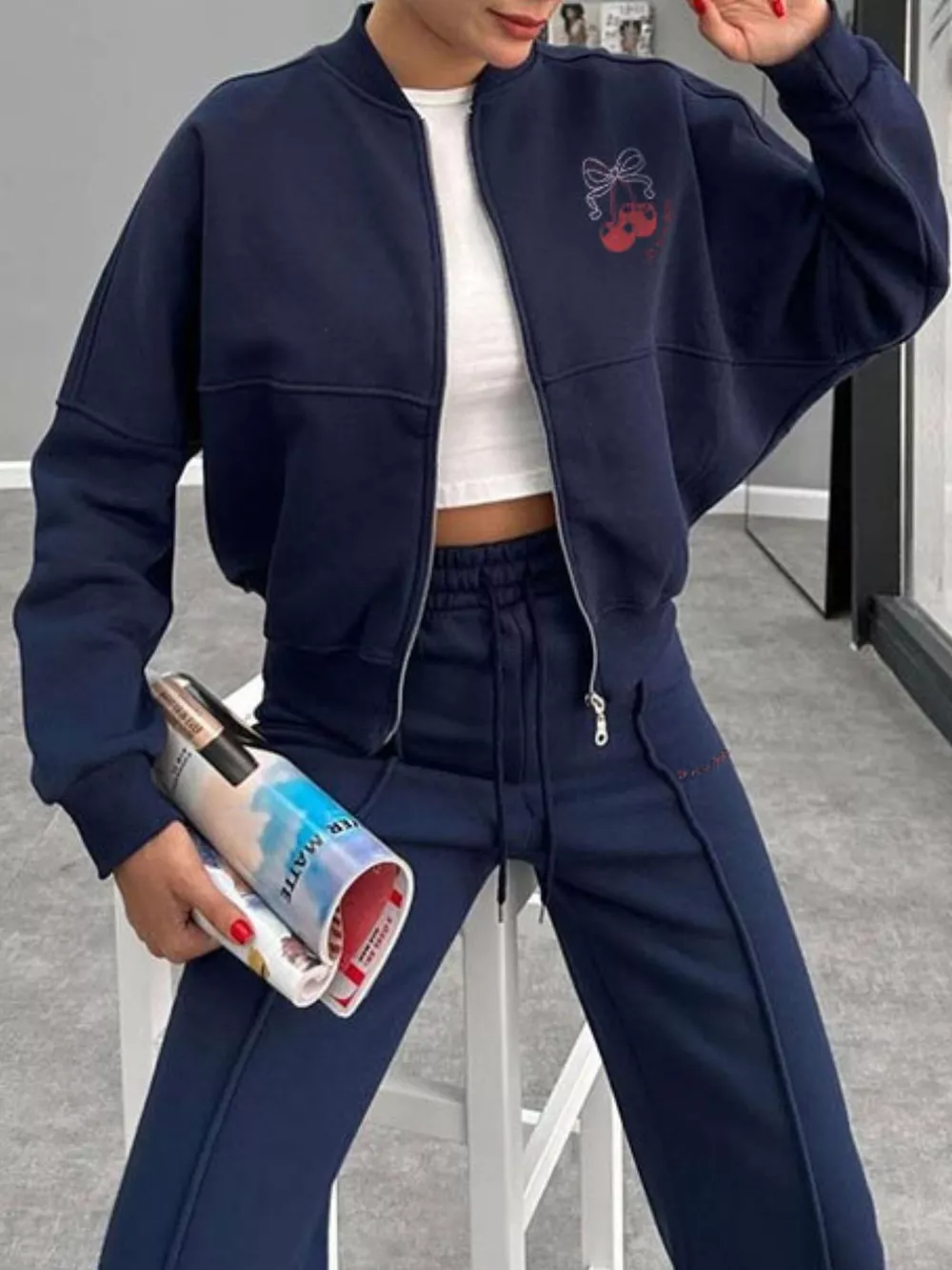 Zip Up Dropped Shoulder Outerwear and Pants Set, image 13