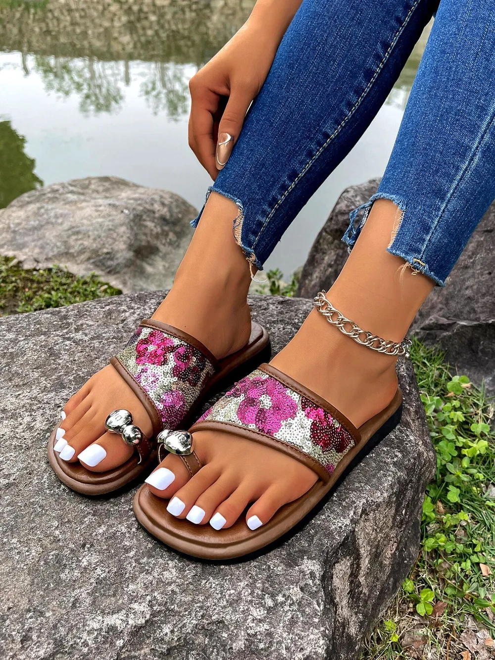 Sequin Toe Loop Flats Sandals, image 12