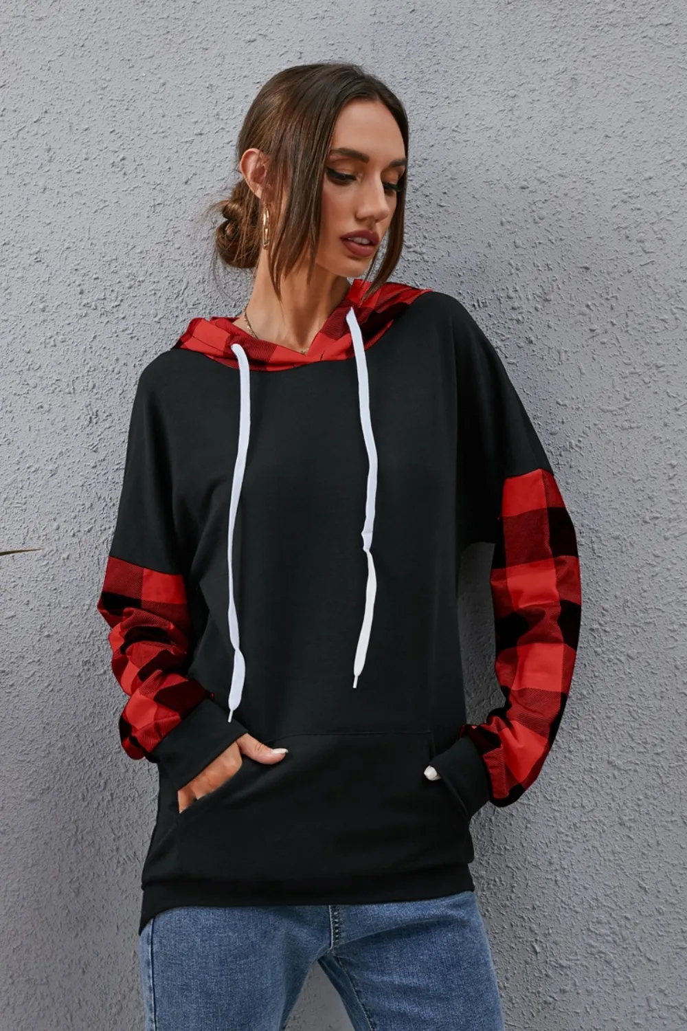 Plaid Drawstring Dropped Shoulder Hoodie, image 6