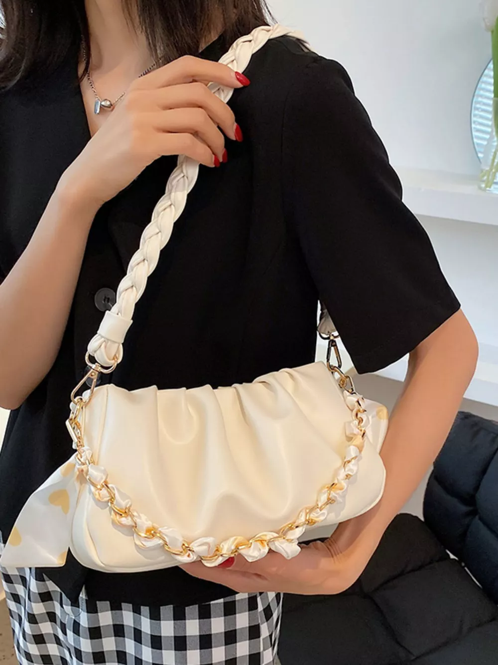 Ruched Braided Handle Shoulder Bag, image 6
