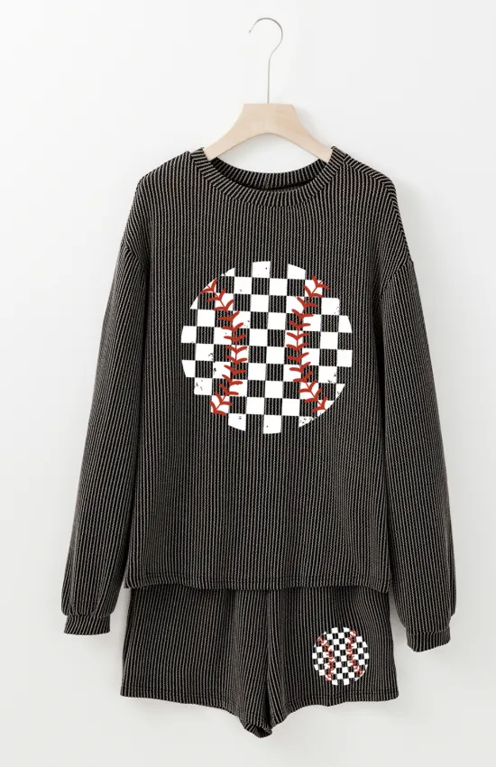 Corded Checkerboard Baseball Graphic Long Sleeve Top and Shorts Set, image 3