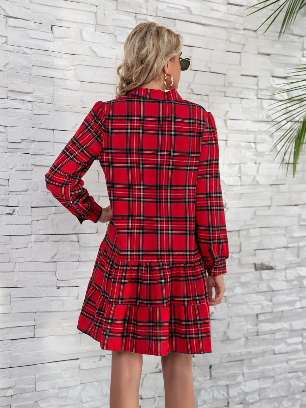 Ruffle Hem Plaid Button Down Long Sleeve Dress, image 3