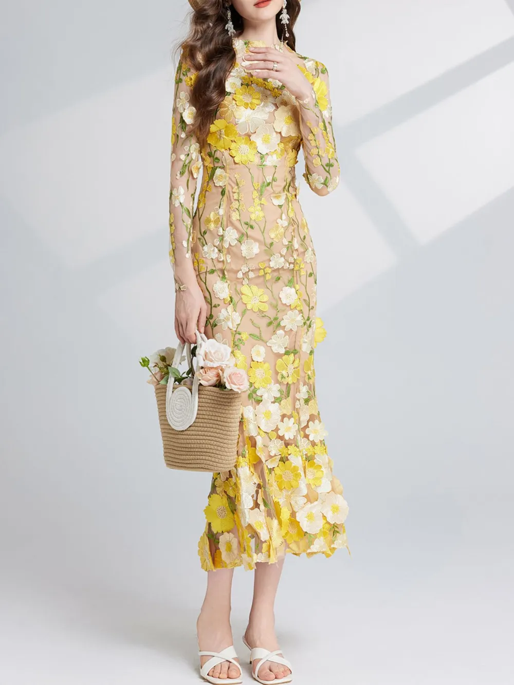 Floral Embroidered Mesh Long Sleeve Midi Dress, image 27