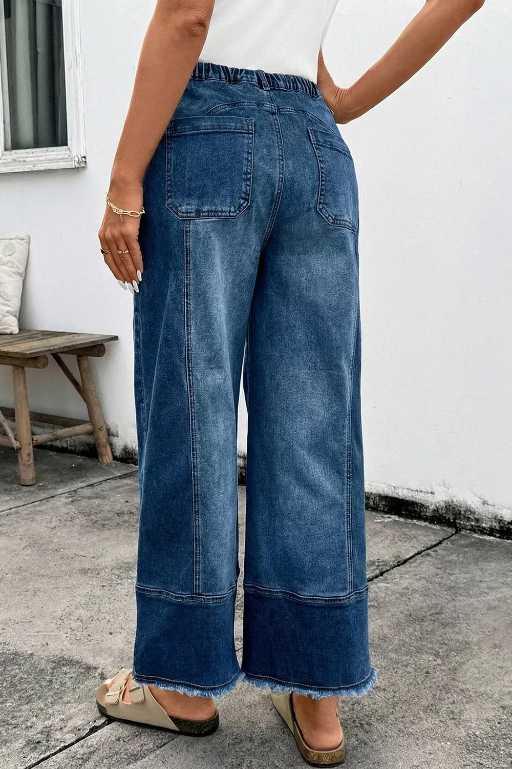Drawstring Seam Detail Raw Hem Wide Leg Denim Pants, image 5