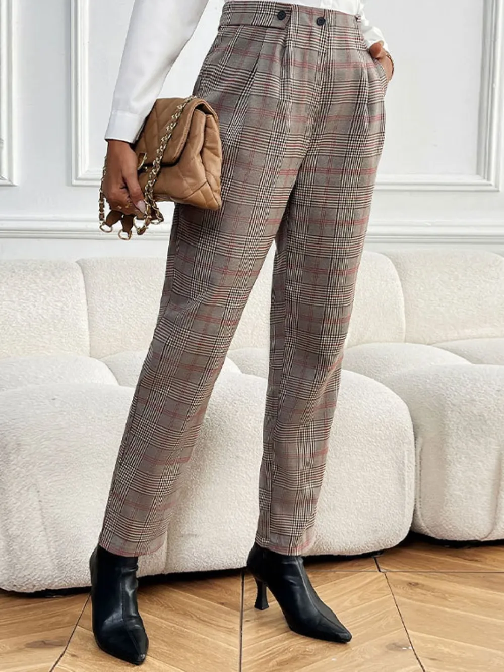 Plaid Straight Pants with Pockets, image 2