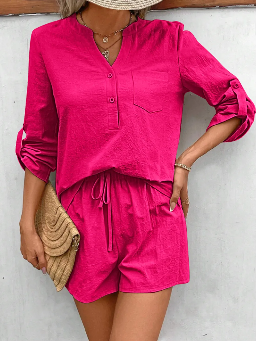Notched Long Sleeve Top and Shorts Set, image 16