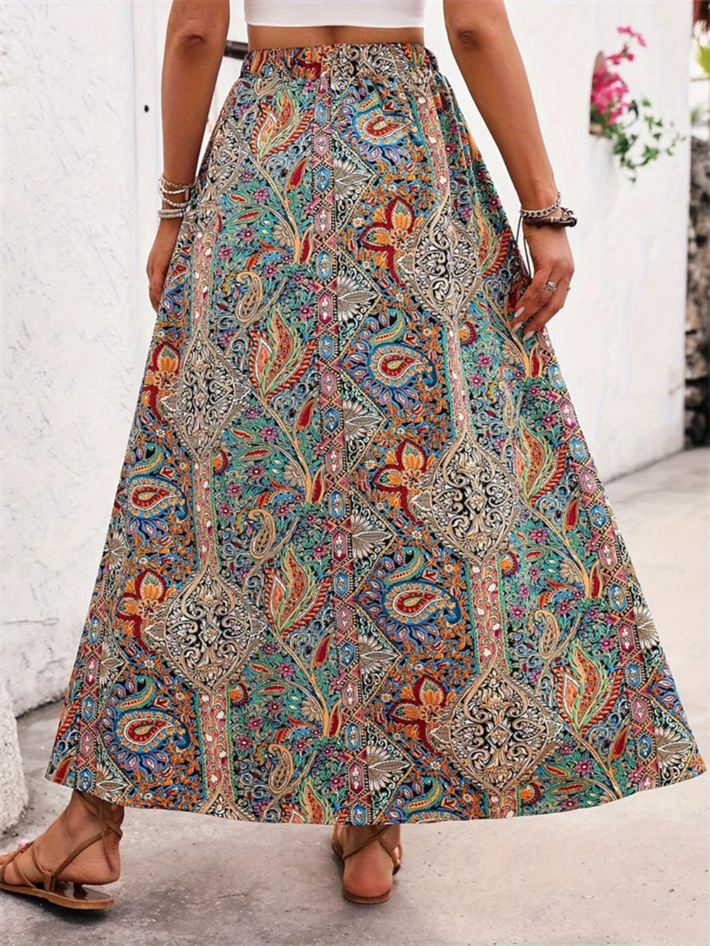 Slit Printed Elastic Waist Skirt, image 9