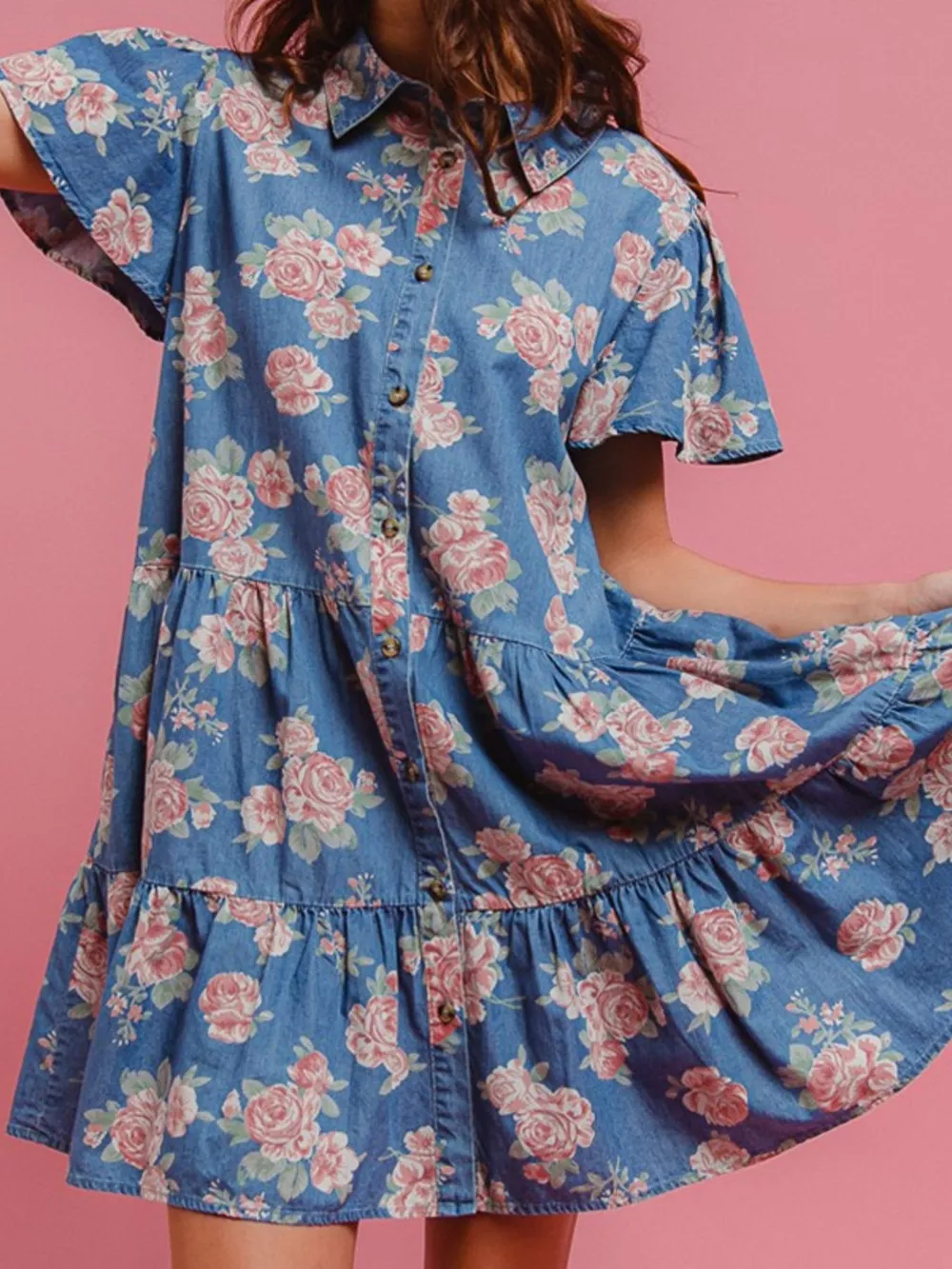 Floral Print Denim Button-Down Tiered Mini Dress, image 5