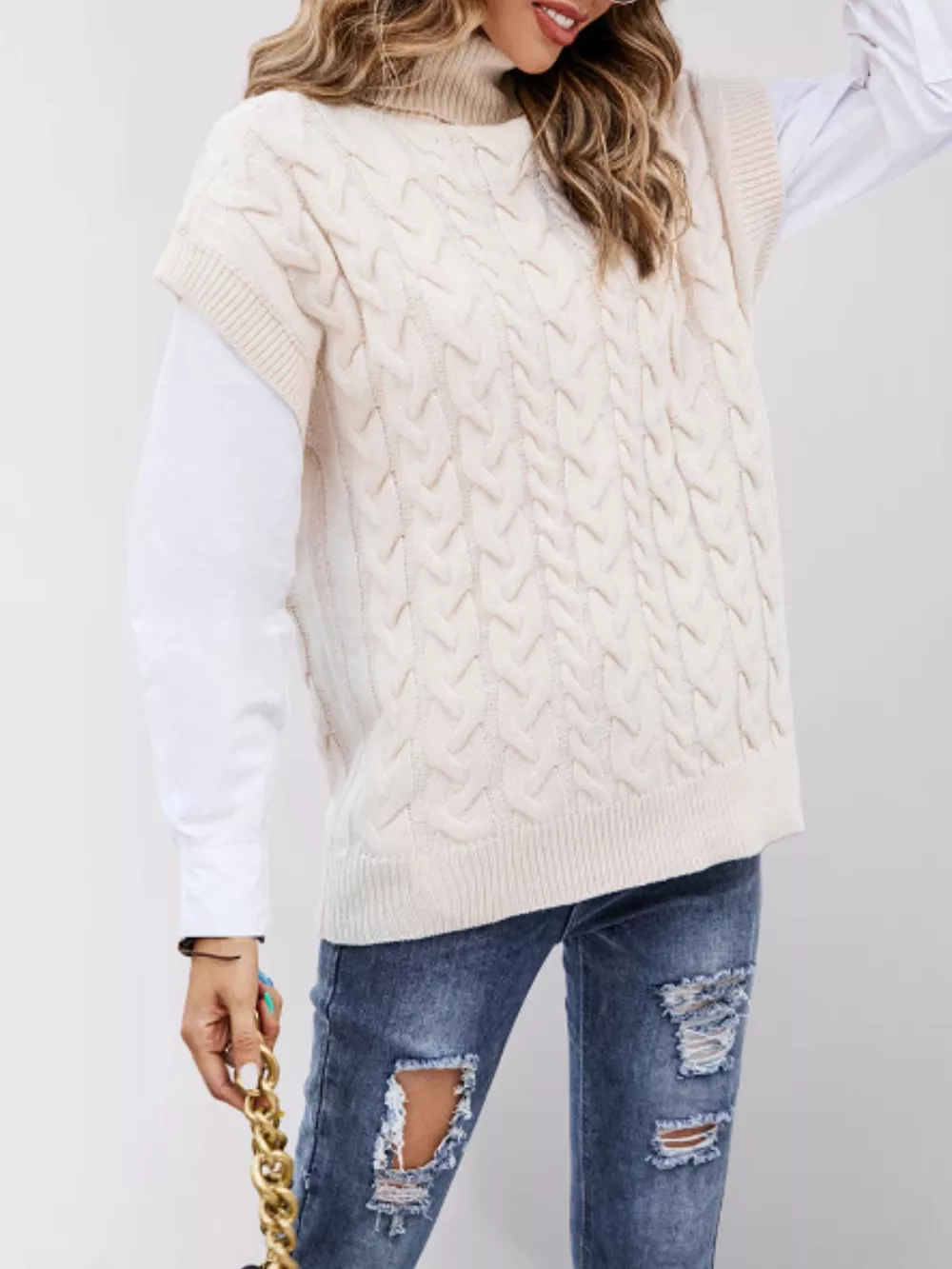 Chunky Knit Turtleneck Cap Sleeve Sweater, image 4
