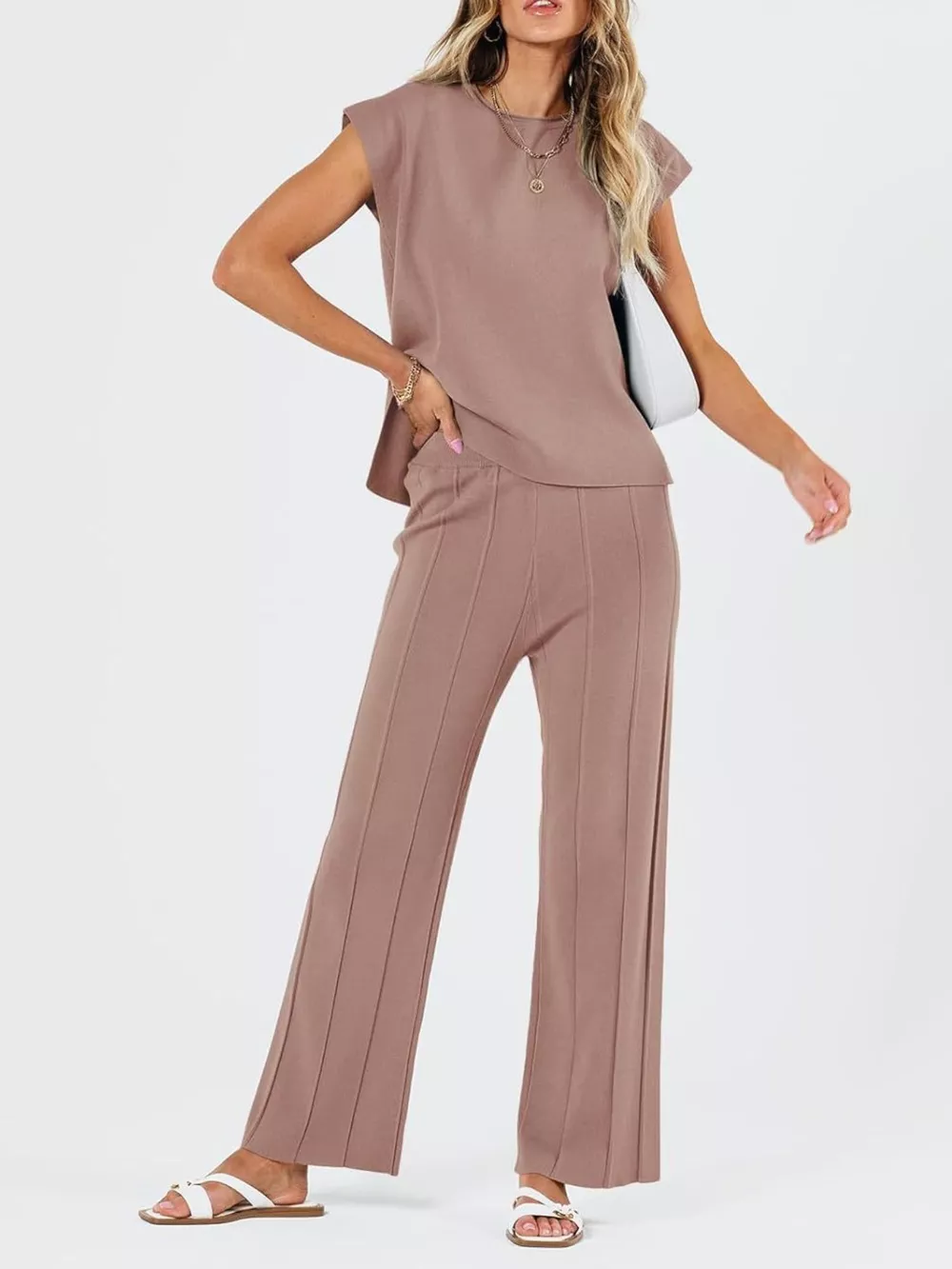 Casual Solid Color Cap Sleeve Top and Pants Knit Set, image 6