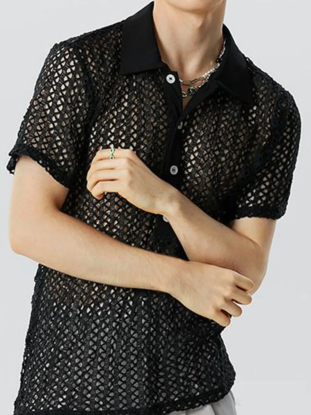 Men's Full Size Openwork Short Sleeve Polo Plus Size, image 3