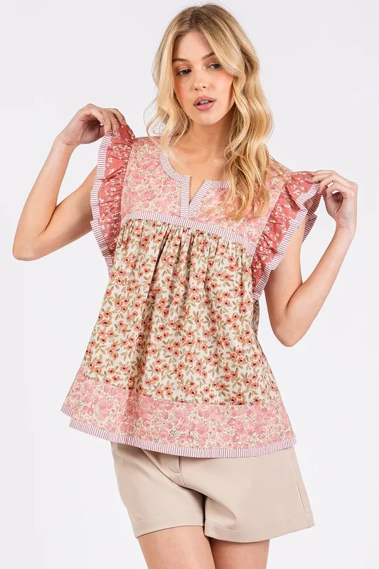 Floral Notched Ruffled Cap Sleeve Blouse, image 5