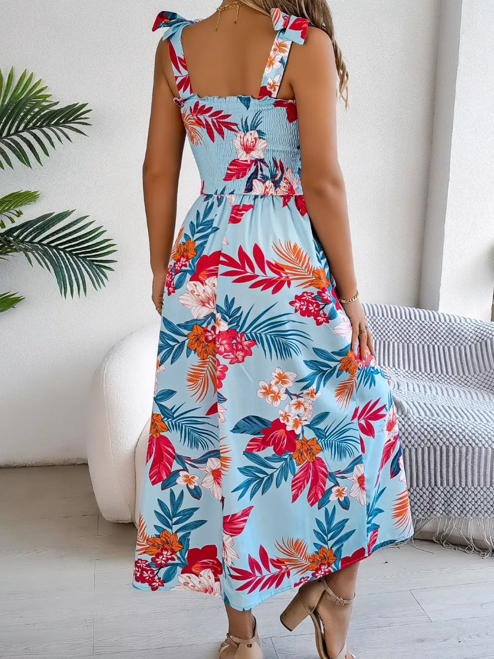 Smocked Floral Tie Shoulder Midi Dress, image 14