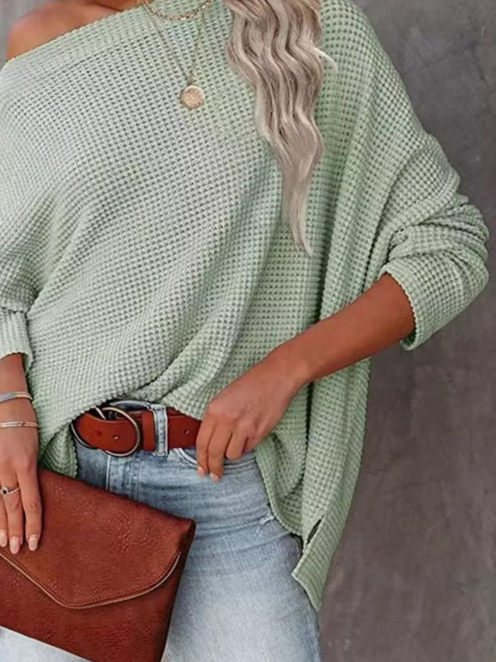 Boat Neck Waffle Knit Top, image 2