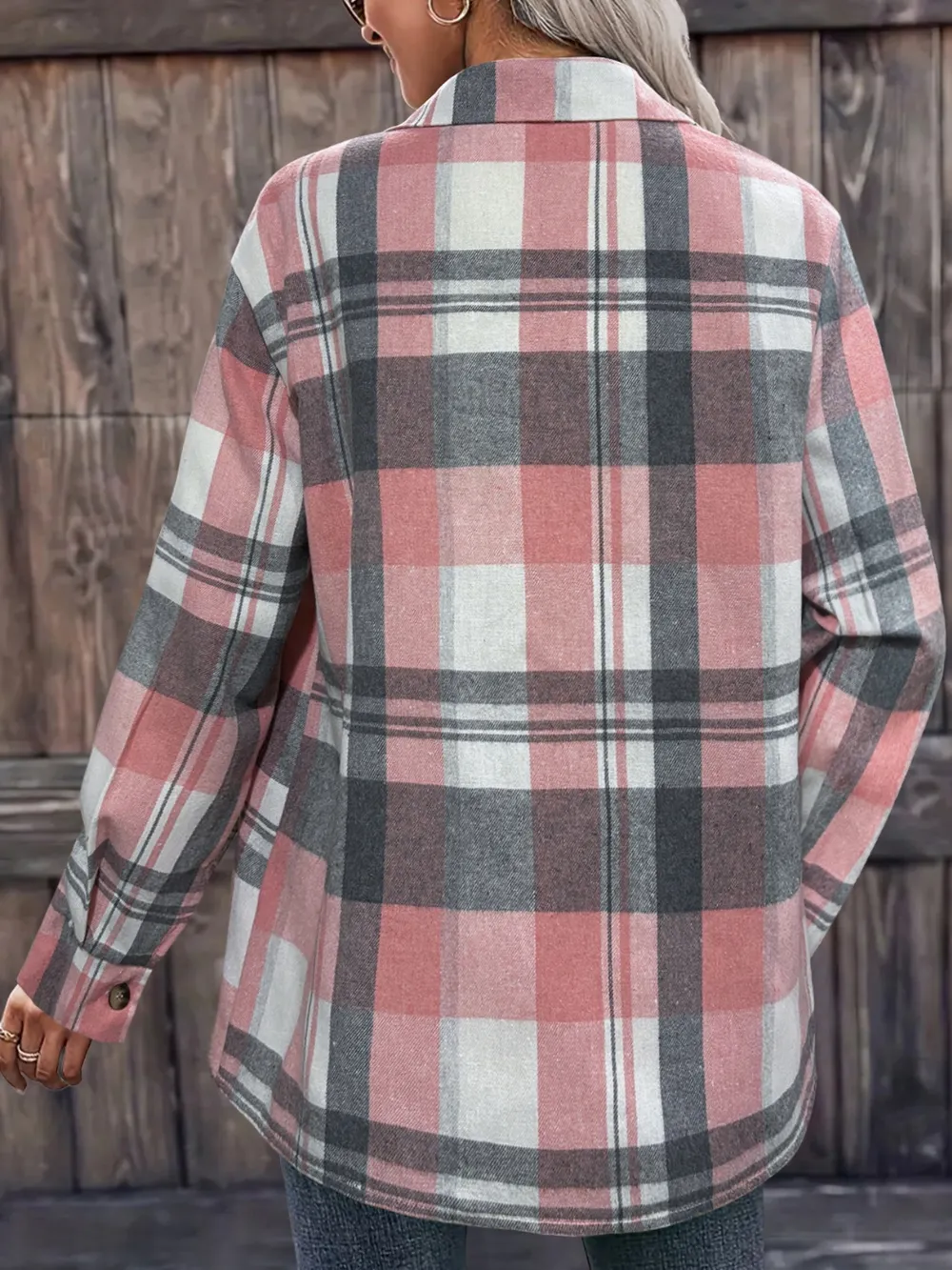 Pocketed Plaid Collared Neck Shacket, image 3