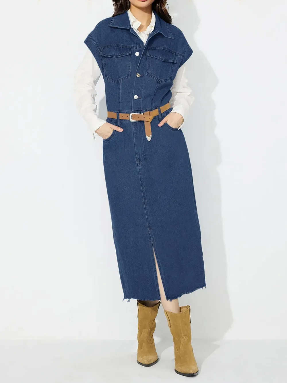 Slit Half Button Collared Neck Cap Sleeve Denim Dress, image 9