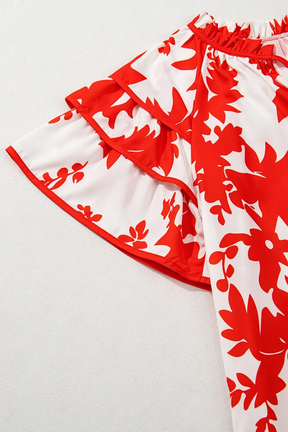 Plant Print Tiered Ruffled Sleeve Tie Neck Blouse, image 11