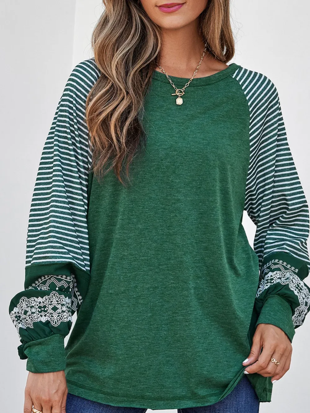 Contrast Print Striped Raglan Long Sleeve Loose Top, image 6
