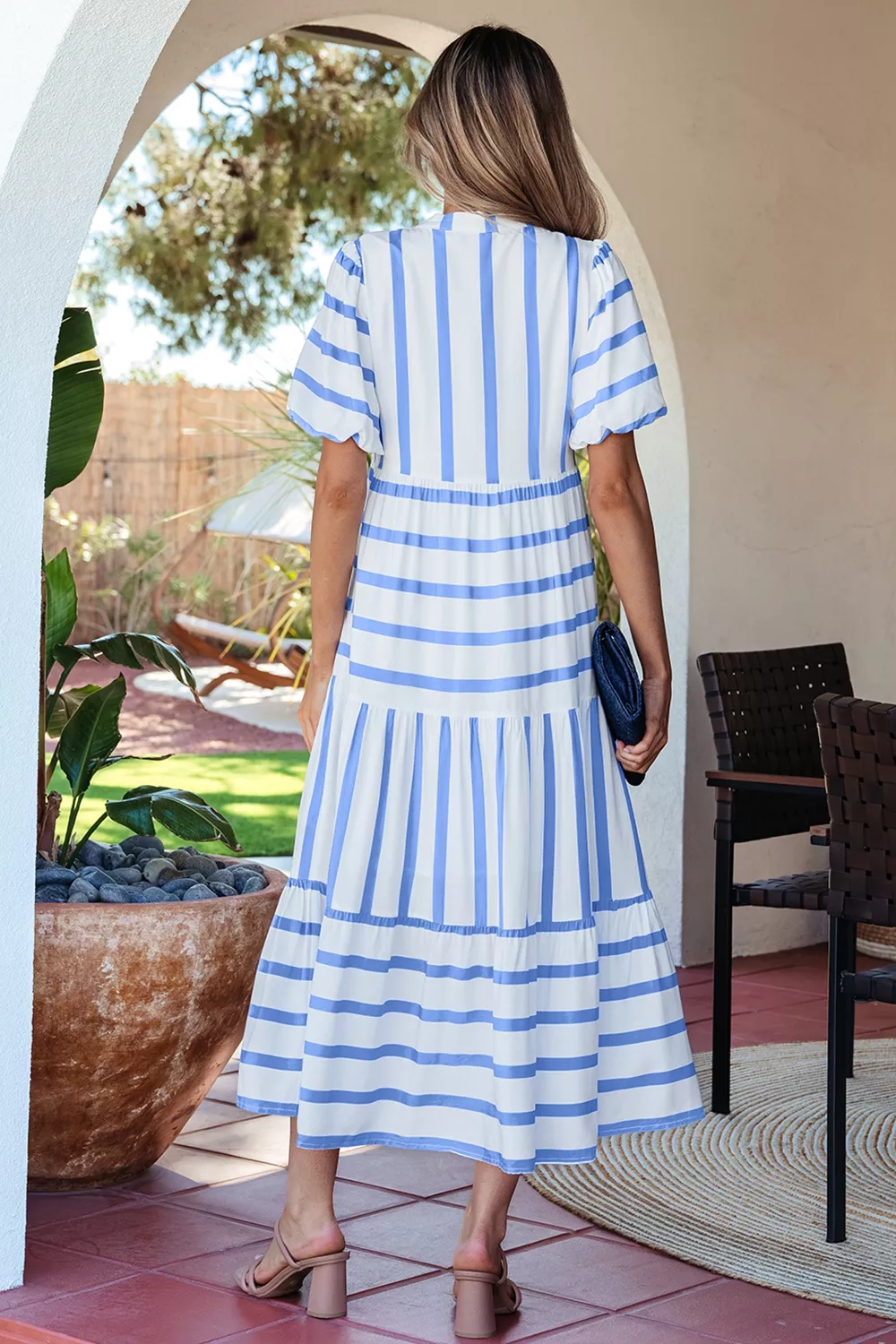 Stripe Ricrac Trim Notched Neck Half Sleeve Vacation Dress, image 3