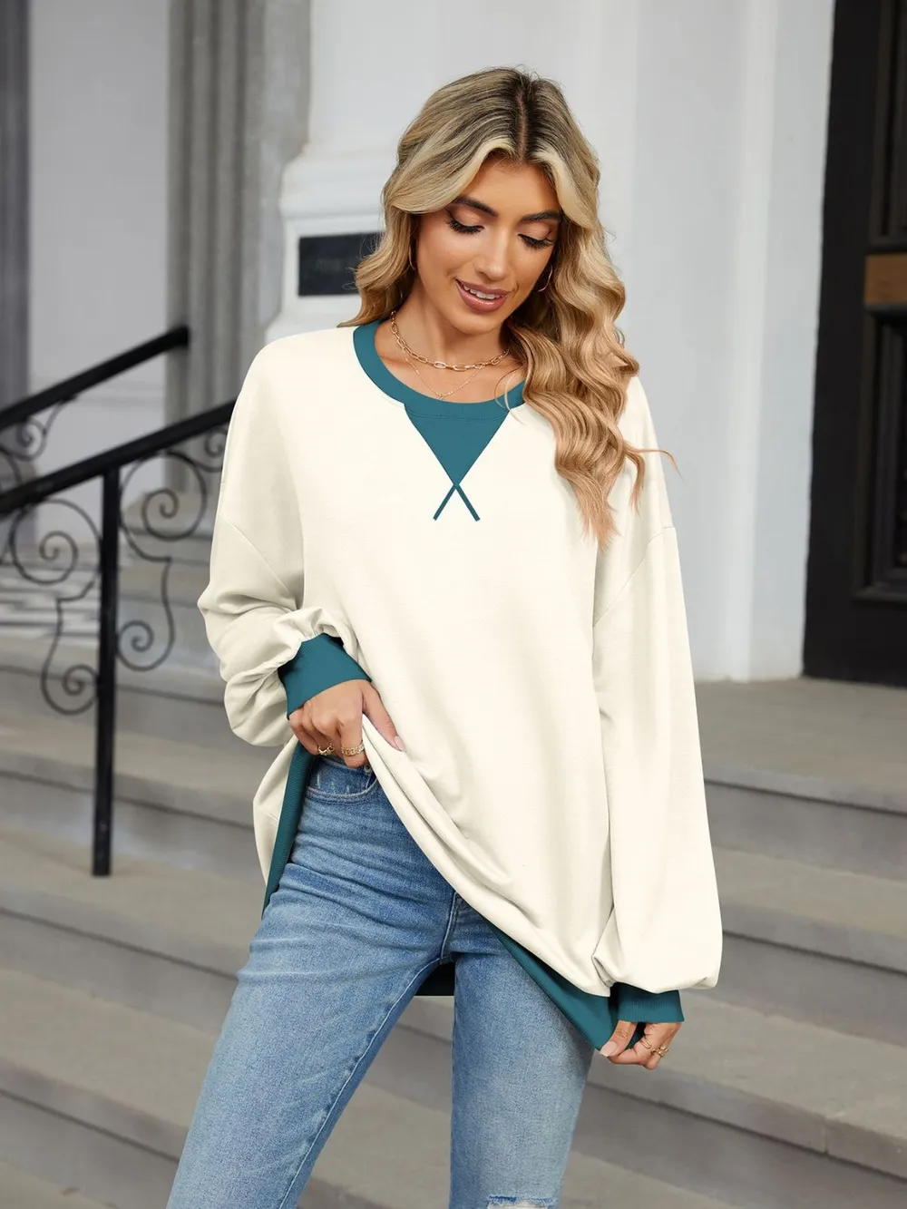 Contrast Round Neck Long Sleeve Sweatshirt, image 27