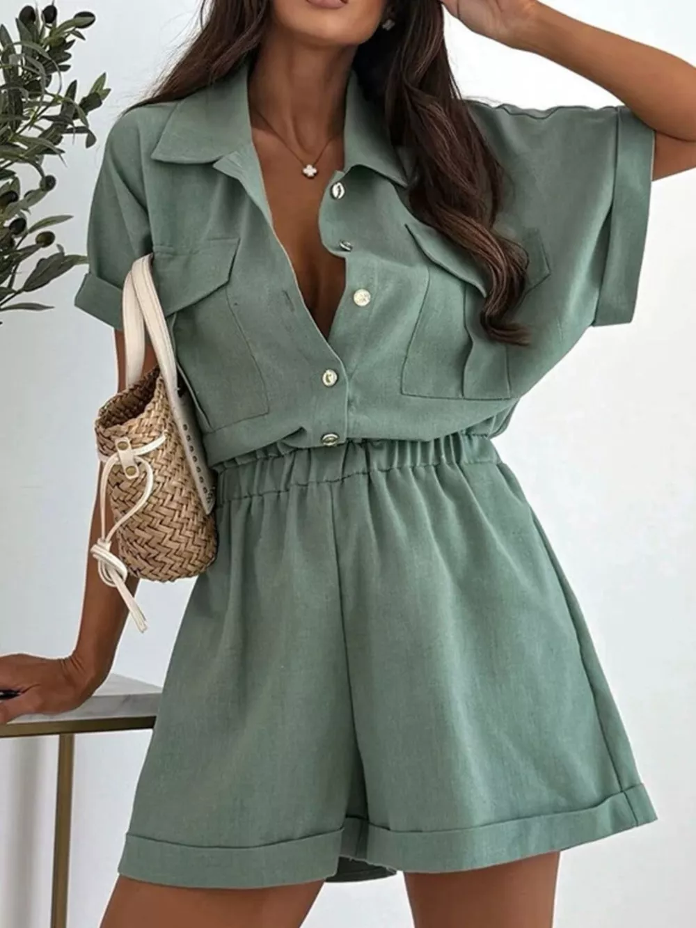 Button Front Short Sleeve Shirt and Shorts Set, image 8