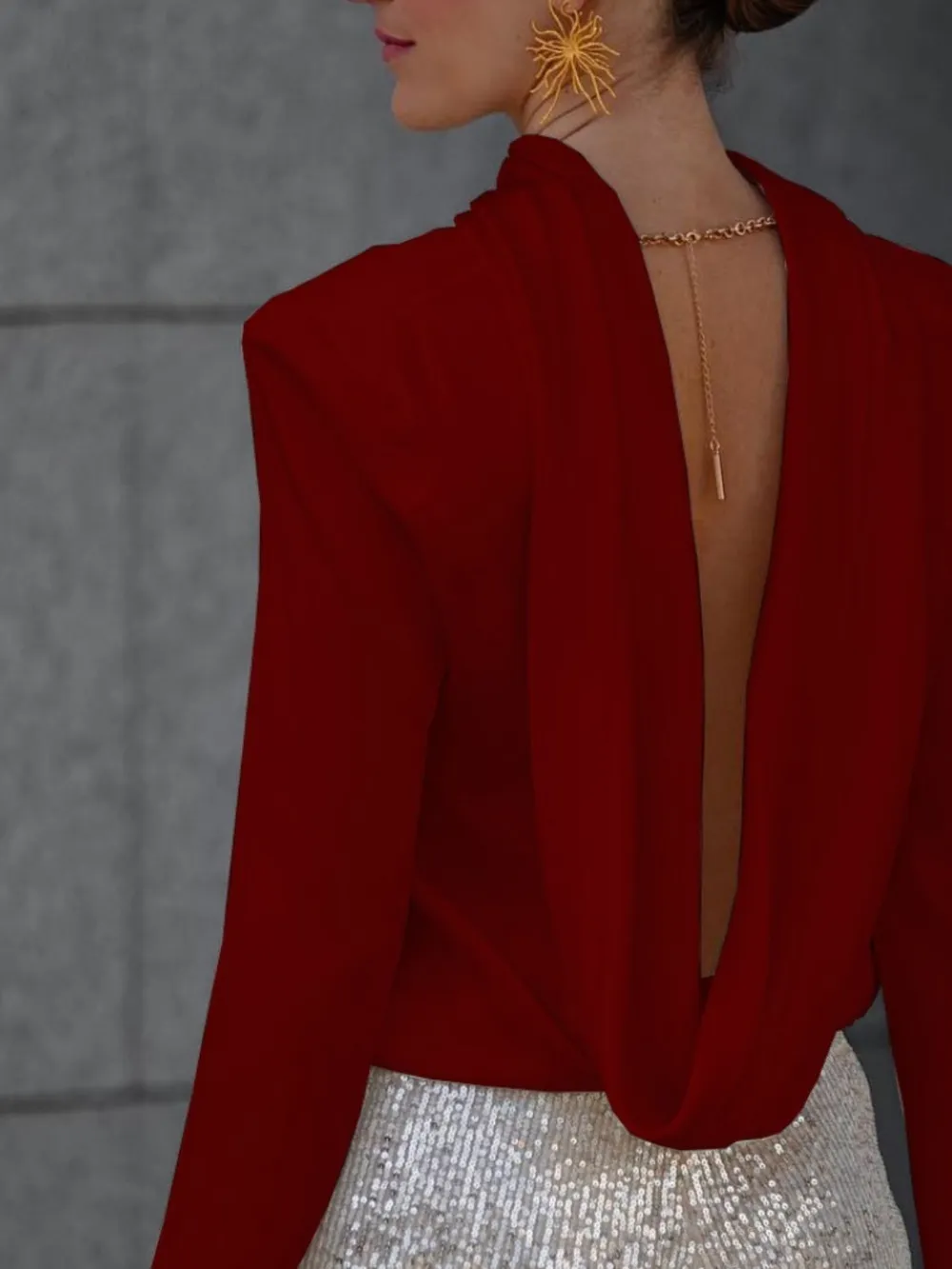 Backless Cowl Neck Long Sleeve Blouse, image 7