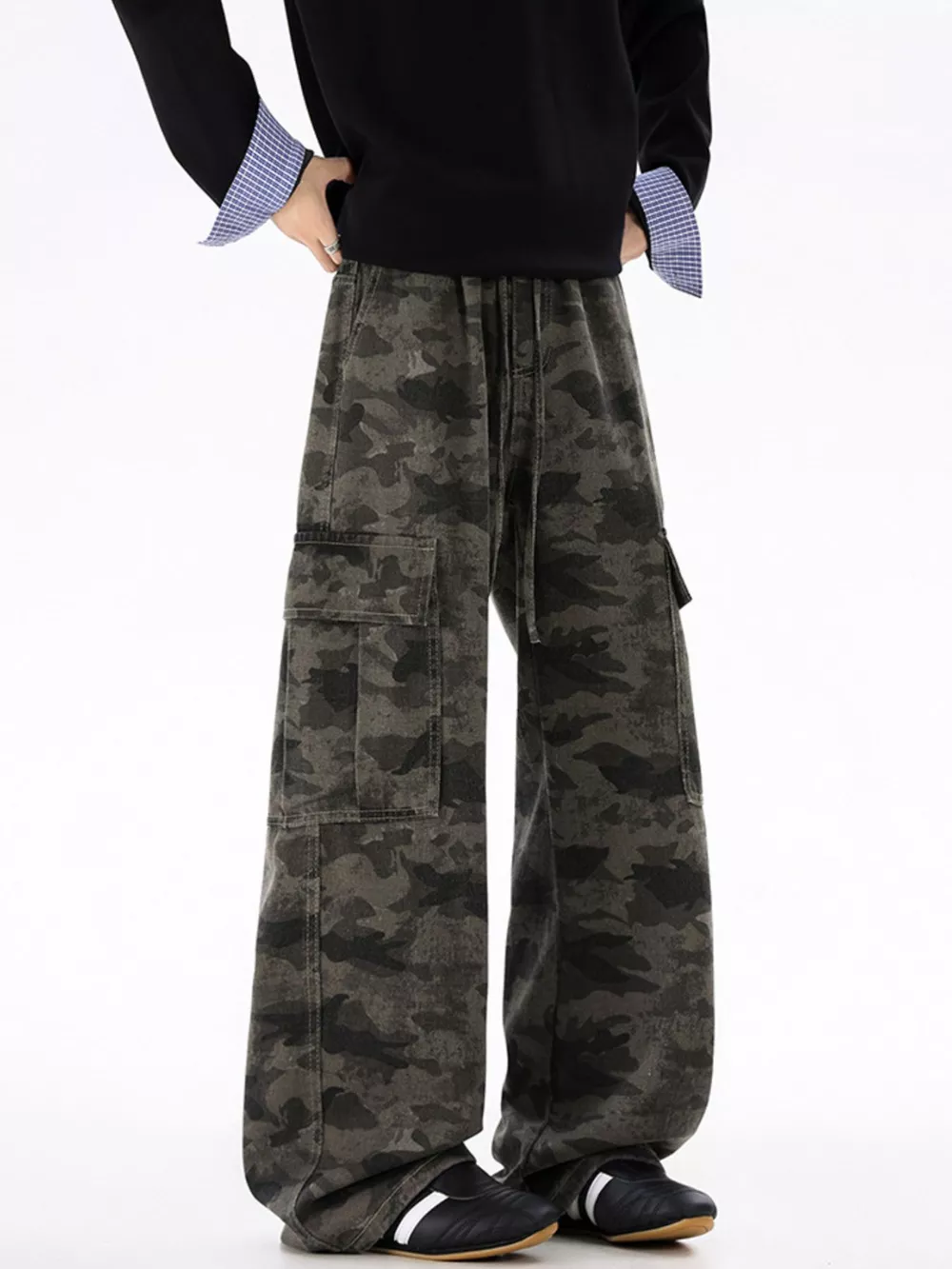 Men's Plus Size Drawstring Camouflage Wide Leg Pants, image 3