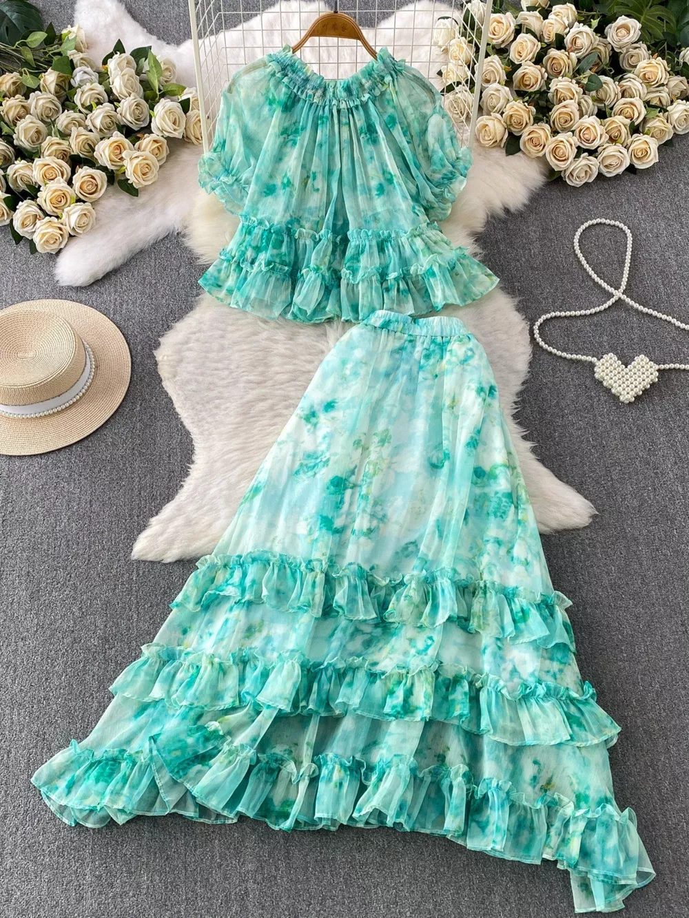Floral Print Ruffle Hem Blouse and Skirt Set, image 14