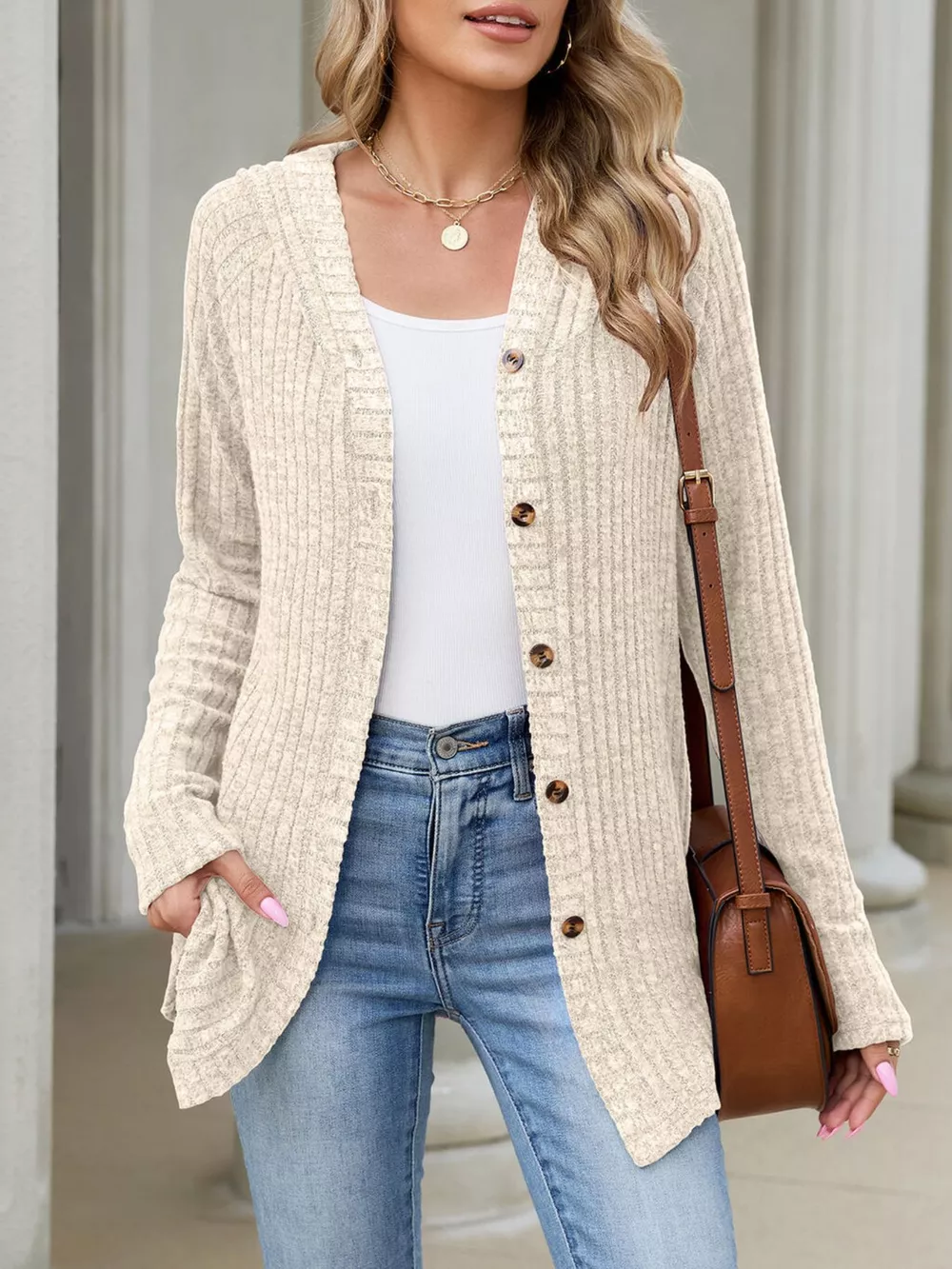 Ribbed Knit Hooded Button-Down Cardigan, image 13