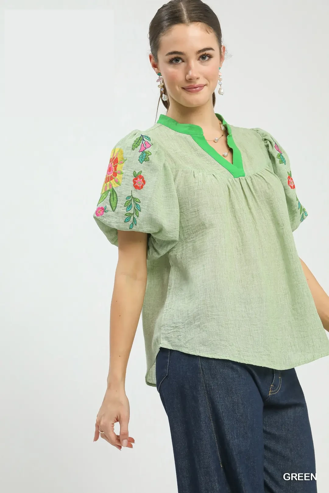 Embroidered Puff Sleeve Top, image 2