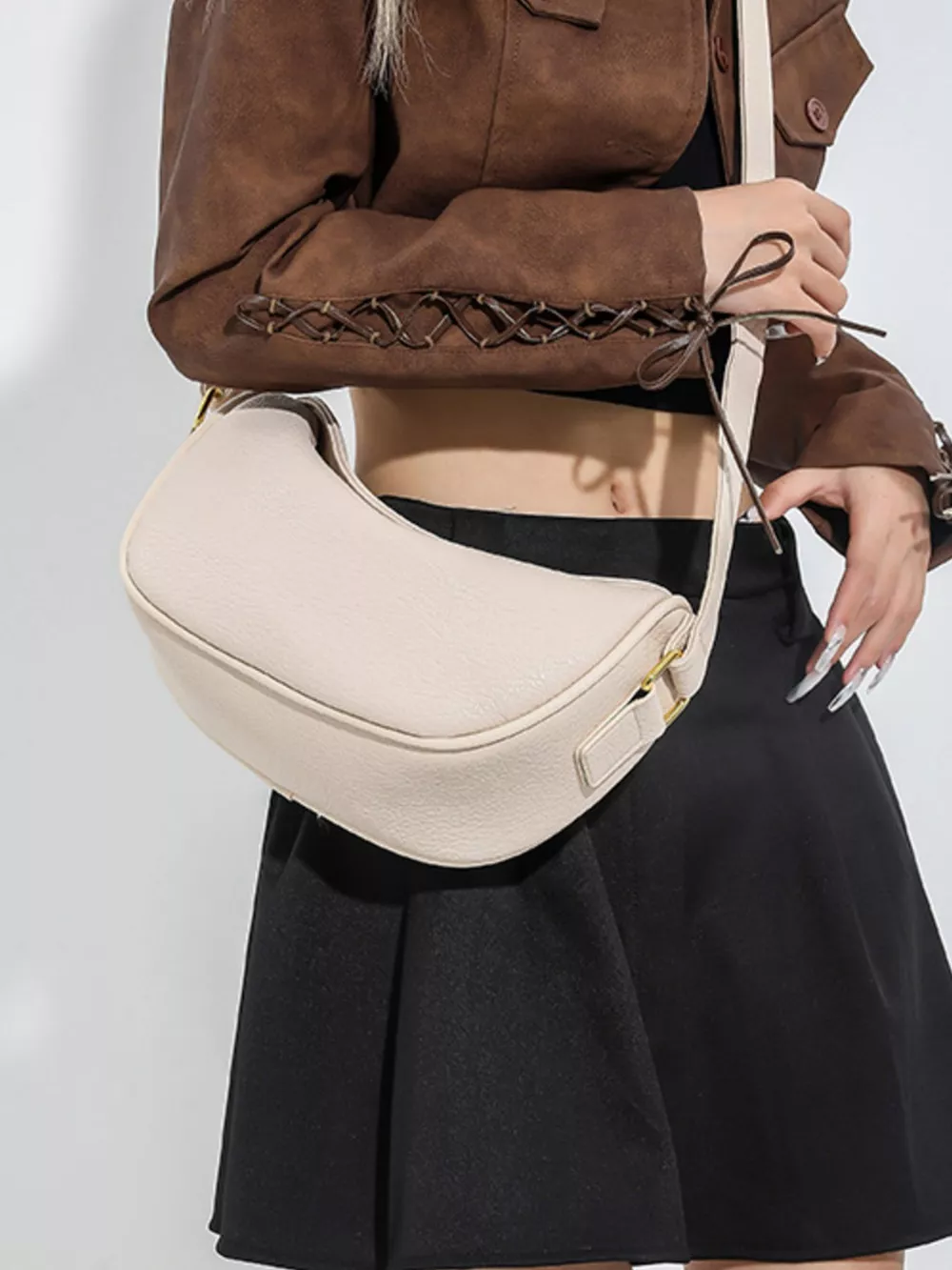 Elegant Leather Crescent Crossbody Bag, image 7